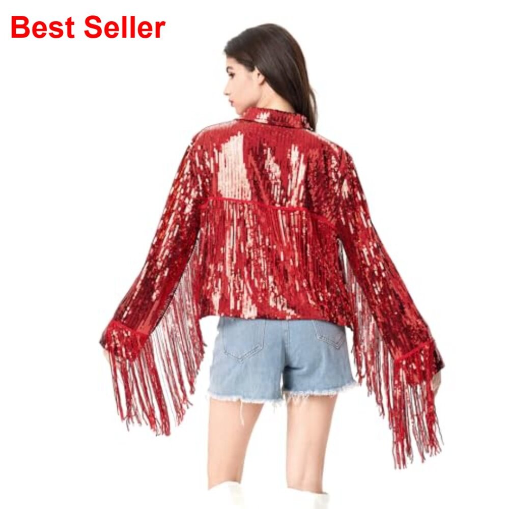 Sequin Tassel Fringe Jacket, Polyester Casual Open Front Coat - Picture 3 of 5